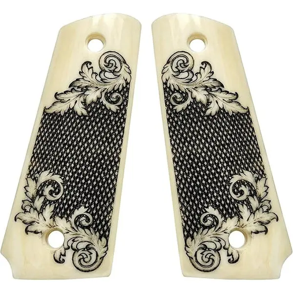 1911 Full-Size Acrylic Faux Ivory Grips – Hand-Scrolled Scrimshaw Artwork