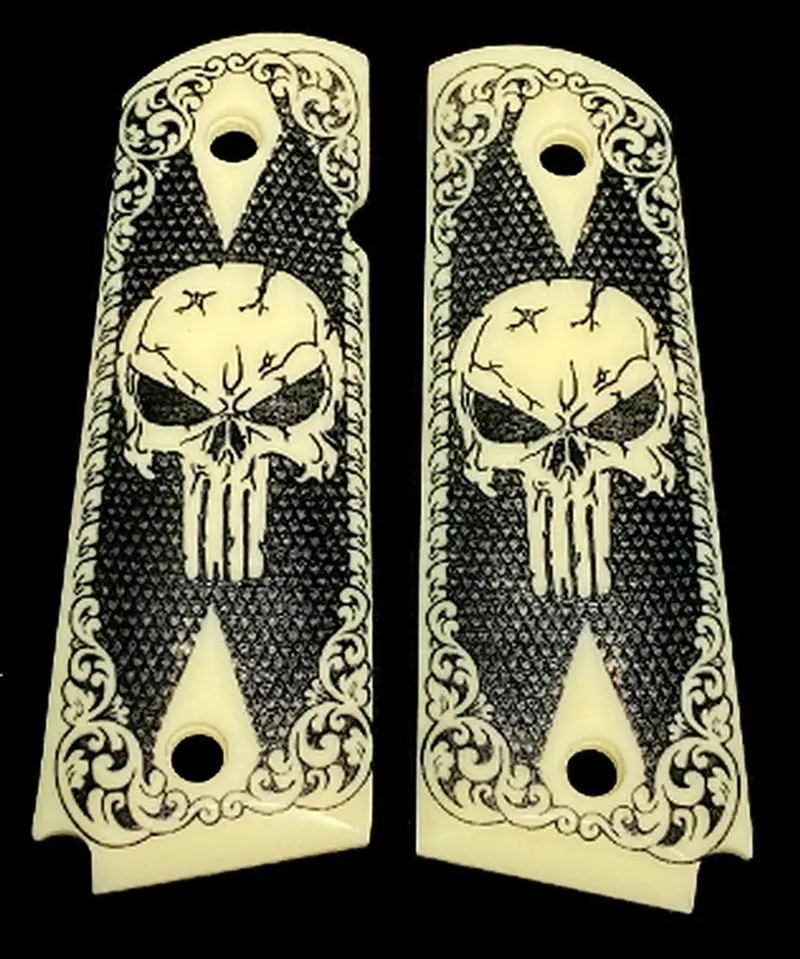 1911 Full-Size Acrylic Faux Ivory Grips – Scrimshaw Scroll & Punisher-Themed Carving
