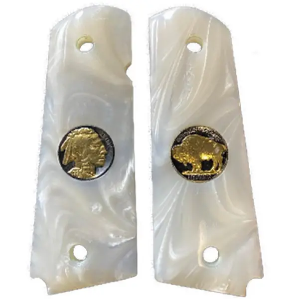 1911 Full-Size Acrylic Faux Pearl Grips – Buffalo Nickel Inlay with Black Ruthenium Accents