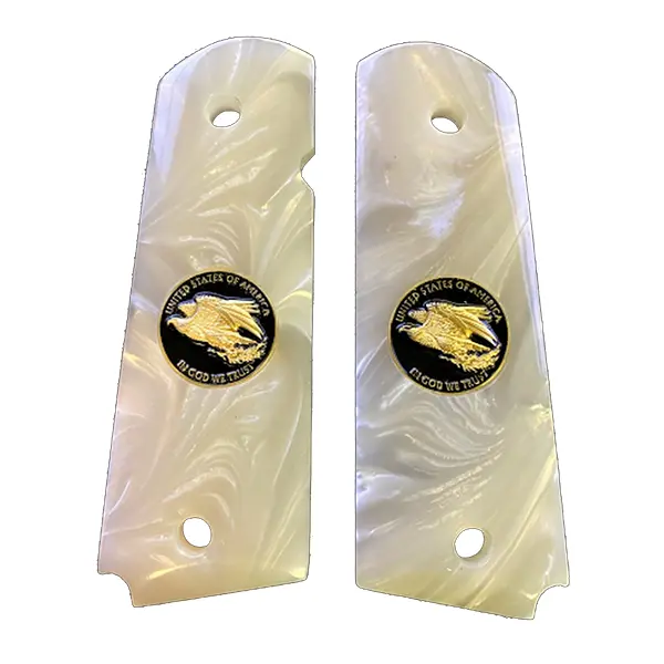 1911 Full-Size Acrylic Faux Pearl Grips Featuring Dual-Side Eagle Motif in Black and Gold (Ambidextrous Cut)
