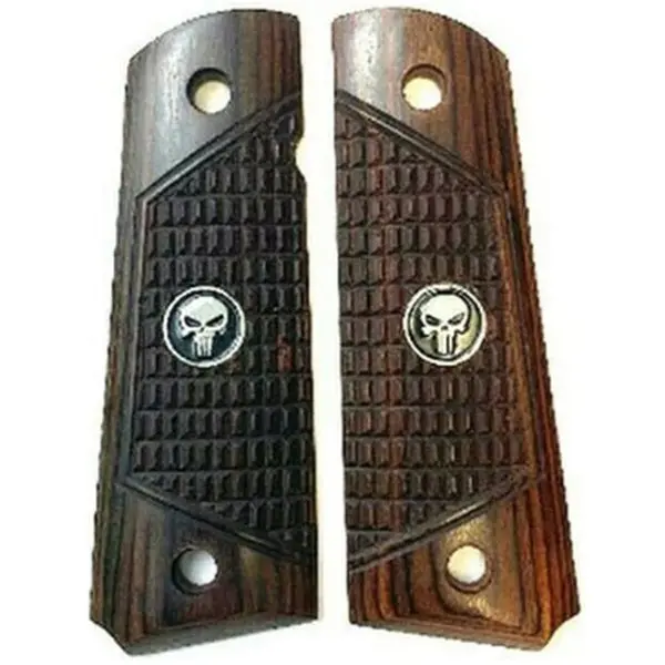 1911 Full-Size Checkered Rosewood Grips with Black Punisher Medallion