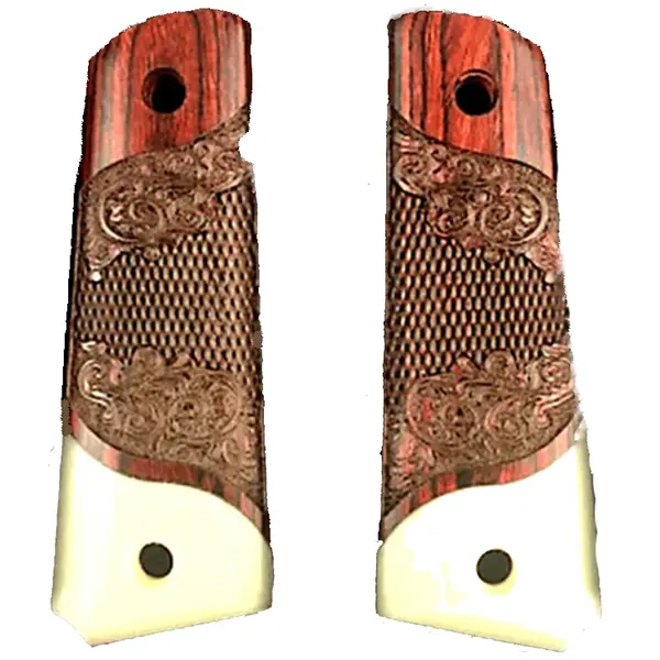 1911 Full-Size Engraved & Checkered Rosewood Grips with Acrylic Ivory Detailing