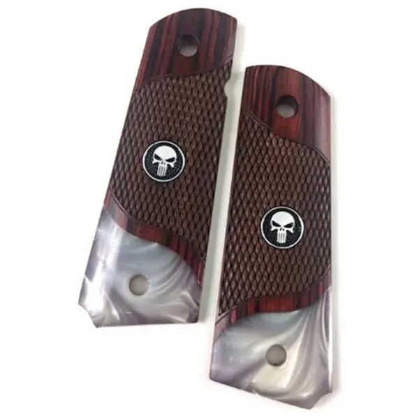 1911 Full-Size Rosewood Grips – Checkered Surface, Pearl Inlays, Punisher Black Medallions