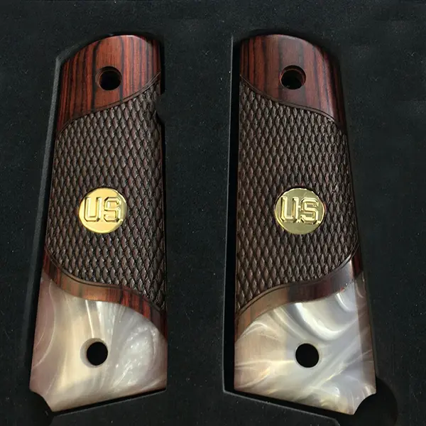 1911 Full-Size Rosewood Grips – Checkered Texture with Pearl Inlays and US Flag Medallions