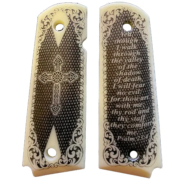 1911 Full-Size Scrimshaw-Style Acrylic Grips – Faux Ivory with Psalm 23 & Cross