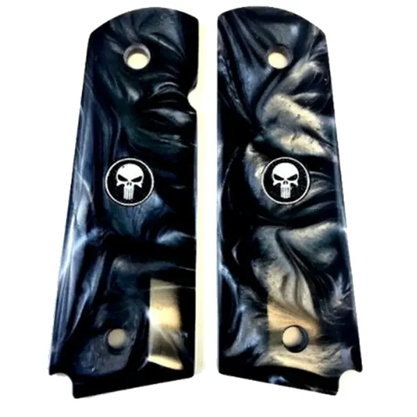 1911 Officer-Size Acrylic Grips – Faux Black Pearl Finish with Punisher Black Medallions