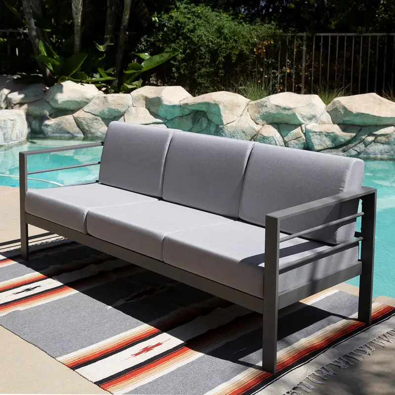 3-Seat Outdoor Aluminum Patio Sofa – Grey Frame with 5″ Thick All-Weather Cushions