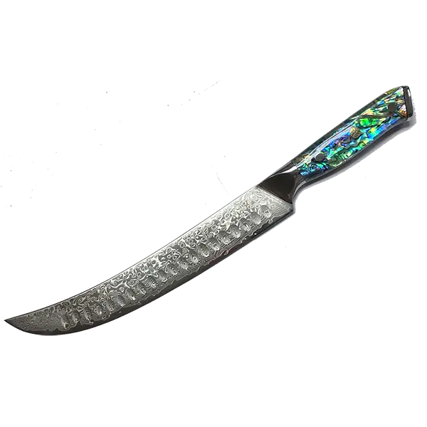 Awabi Butcher Knife — AUS-10 Damascus Blade with Abalone-Inlaid Resin Handles and Mosaic Pin