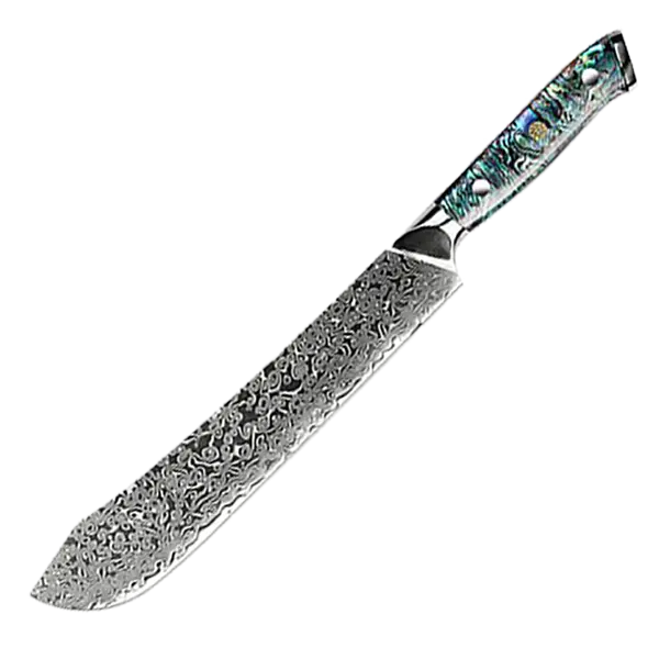 Awabi Butcher Knife II – AUS-10 Damascus Blade, Abalone-Embedded Resin Handle & Mosaic Pin