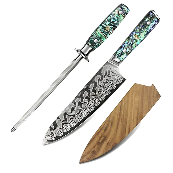 Awabi Gyuto Chef Knife – AUS-10 Damascus Blade, Resin Handle with Abalone Inlay & Mosaic Pin, Includes Wood & Steel Blade Cover