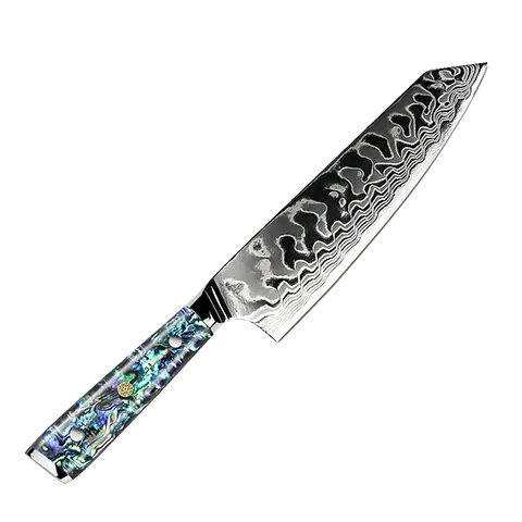 Awabi Kiritsuke Knife – AUS-10 Damascus Blade, Artisan Resin Handle with Abalone Accents