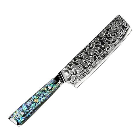 Awabi Nakiri Knife – AUS-10 Damascus Blade, Abalone-Embedded Resin Handle & Mosaic Pin