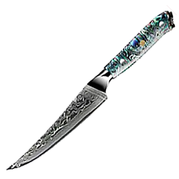 Awabi Steak Knife – AUS-10 Damascus Blade with Abalone-Inlaid Resin Handle & Mosaic Pin