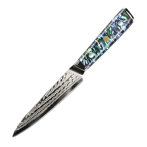 Awabi Utility Knife – AUS-10 Damascus Blade, Abalone-Inlaid Resin Handle with Mosaic Pin