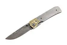 Aztec-Inspired Damascus Folding Knife with Brass Bolster