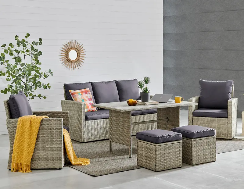 Barton Outdoor Patio Dining Set – 6-Piece Wicker Rattan Furniture with Cushioned Table