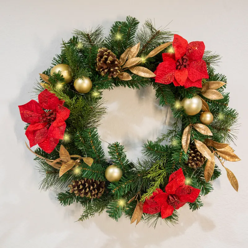 Barton Pre-Lit Christmas Wreath – 24″ Red and Gold Door Decoration with White LED Lights