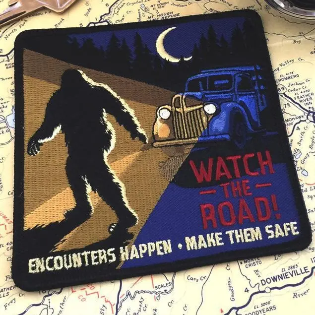 Bigfoot Encounter Embroidered Patch – ‘Watch the Road!’