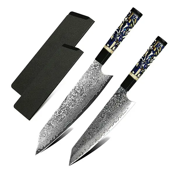 Blue Mammoth Kiritsuke Knife Set – 6-Inch & 8-Inch VG-10 Damascus Blades with Raindrop Pattern, ABS Blade Covers