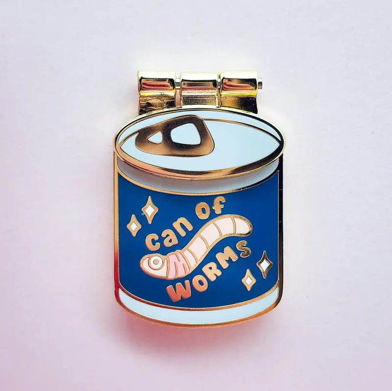 ‘Can of Worms’ Hinged Enamel Pin – Interactive & Ironic Accessory
