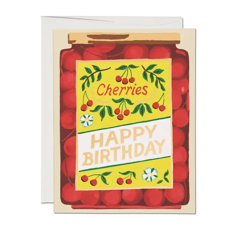 Cherry-Adorned Happy Birthday Jar Greeting Card