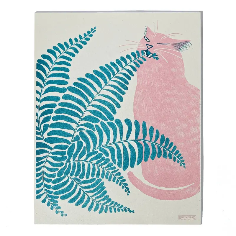Fern Cat Risograph Print – Botanical Meets Feline Illustration