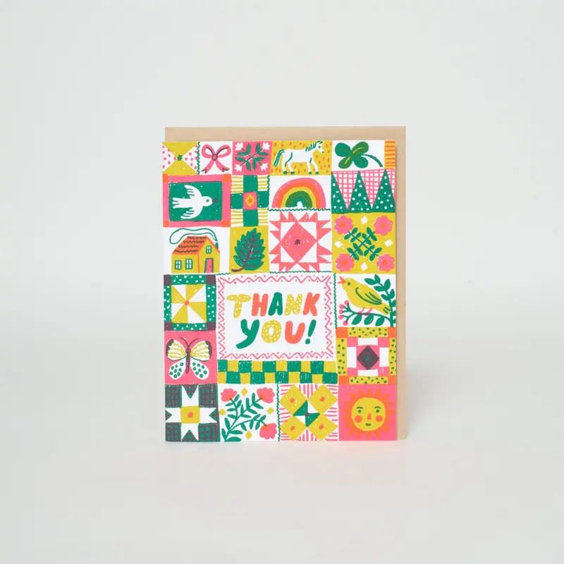 Folk-Style Quilt-Inspired Thank You Card – Hand-Printed Letterpress by Phoebe Wahl