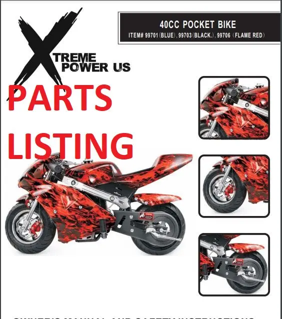 Gas-Powered Pocket Bike E-Series Replacement Parts (Models 99701–99706)