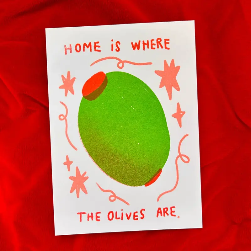 ‘Home Is Where the Olives Are’ Mini Riso Print – Limited-Edition Olive-Themed Art Print