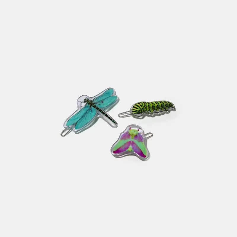 Insect-Inspired Hair Barettes Set: Dragonfly, Moth & Caterpillar
