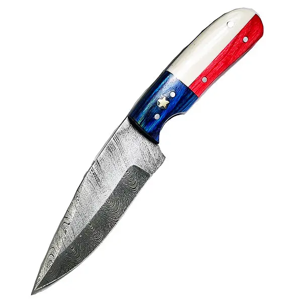 Kelton Special Damascus Fixed Blade Knife – Texas-Themed Design with Genuine Leather Sheath