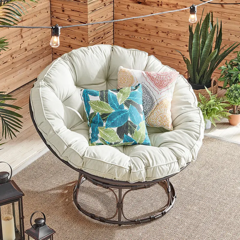 Moon Papasan Chair with Tufted Cream Cushion and Powder-Coated Steel Frame