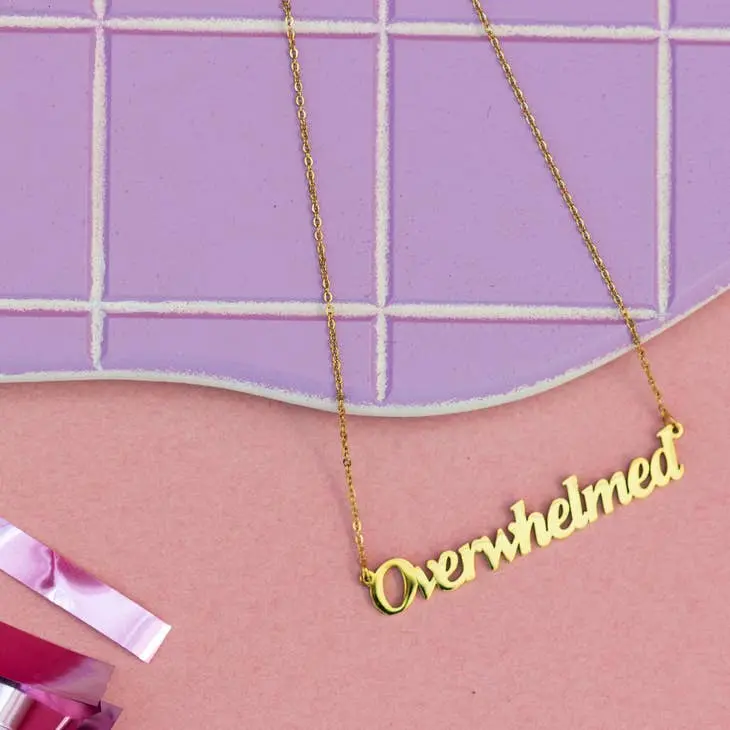 Overwhelmed Nameplate Pendant Necklace