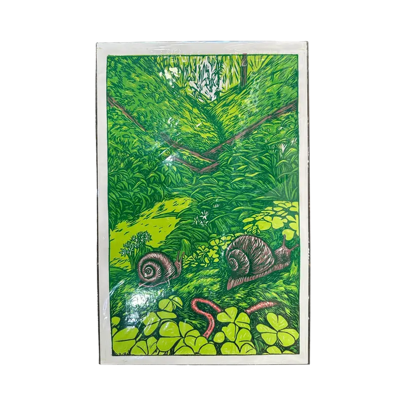 Pacific Northwest Nature Linocut Print – Botanical & Wild Landscape