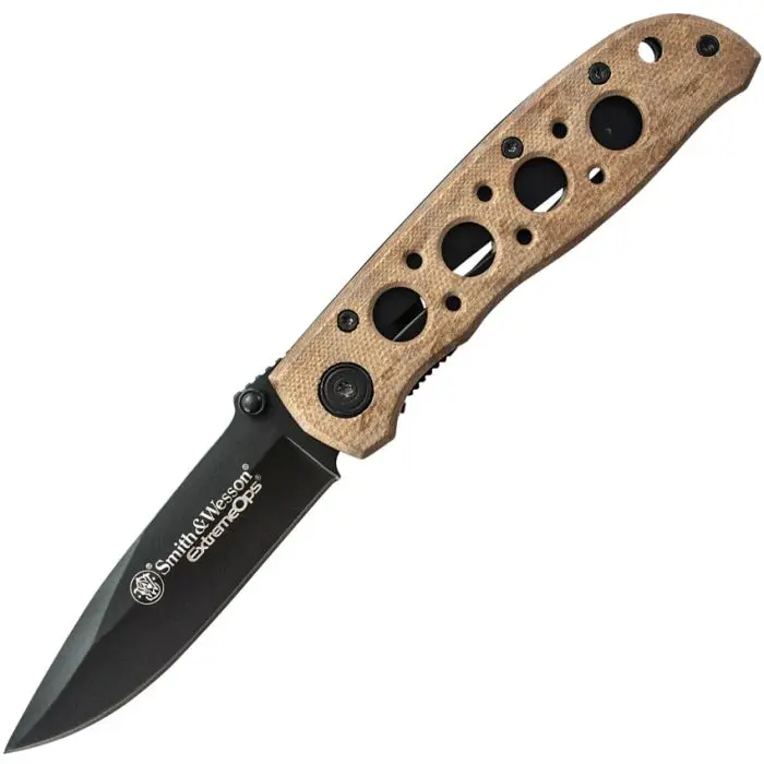 Smith & Wesson Extreme Ops Linerlock – 3.5″ Black Stainless Blade, Camo Tan Aluminum Handle
