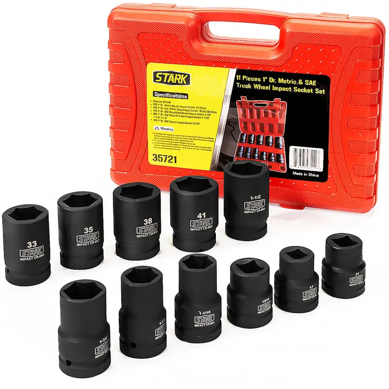 Stark USA 11-Piece Deep Impact Socket Set – 1-Inch Drive, Metric & SAE, Chrome-Molybdenum
