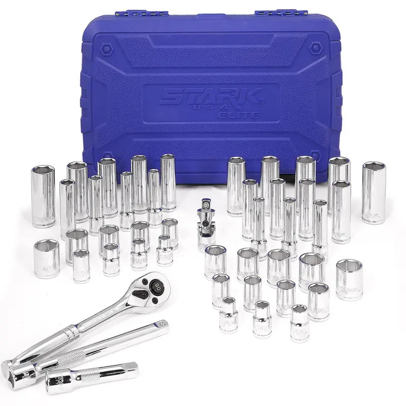Stark USA 47-Piece 3/8-Inch Drive Socket Set – 6-Point SAE/Metric, 90T Ratchet & Extension Bars