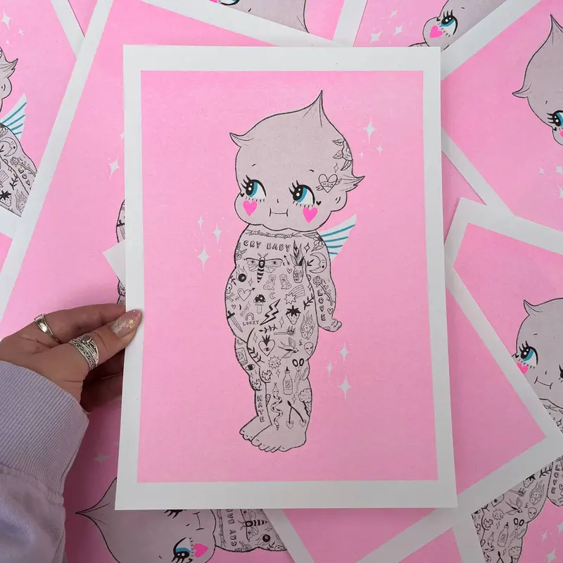 Tattooed Kewpie Doll A4 Risograph Illustration Print