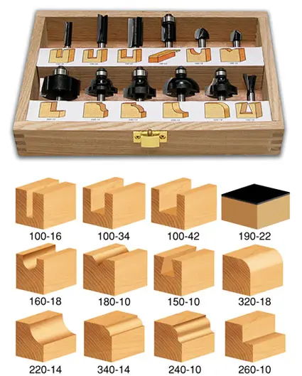 Timberline 12-Piece Carbide Router Bit Set – Amana TRS-120, 1/4″ Shank