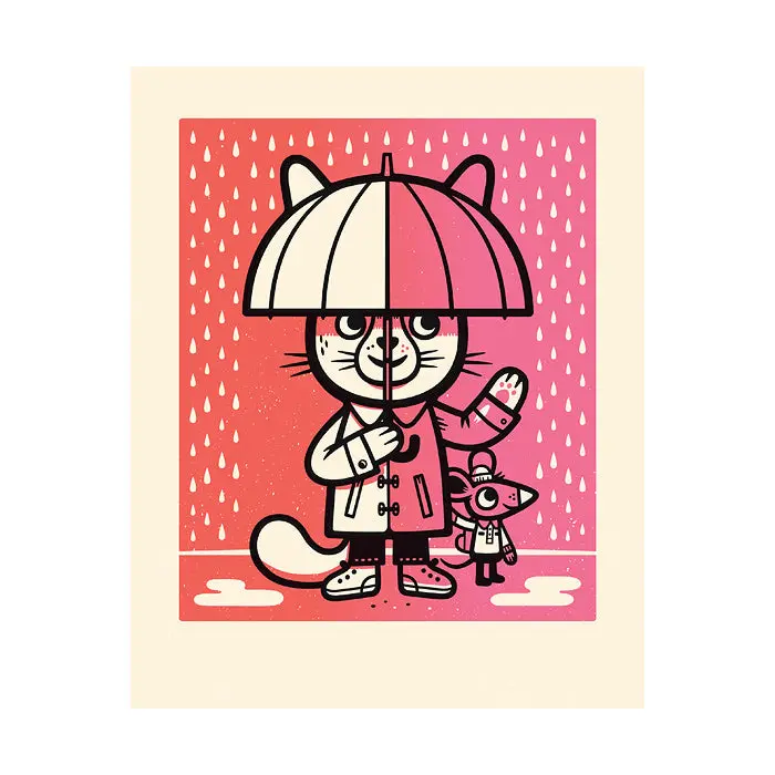 Umbrella Cat Art Print – 8×10 Inch Screenprinted Poster