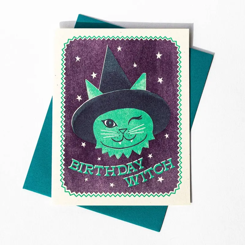 Witty Witch-Themed Birthday Risograph Card
