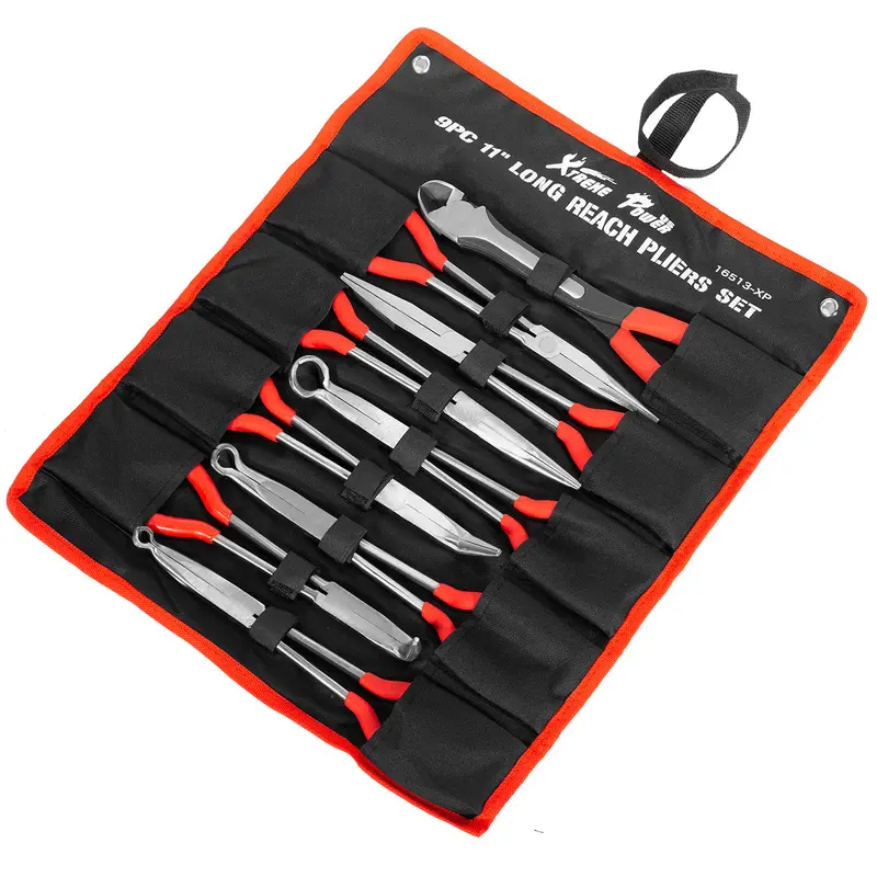 XtremepowerUS 9-Piece Long-Reach Plier Set – 11-Inch Mechanics and Electrician Tools with Carry Pouch