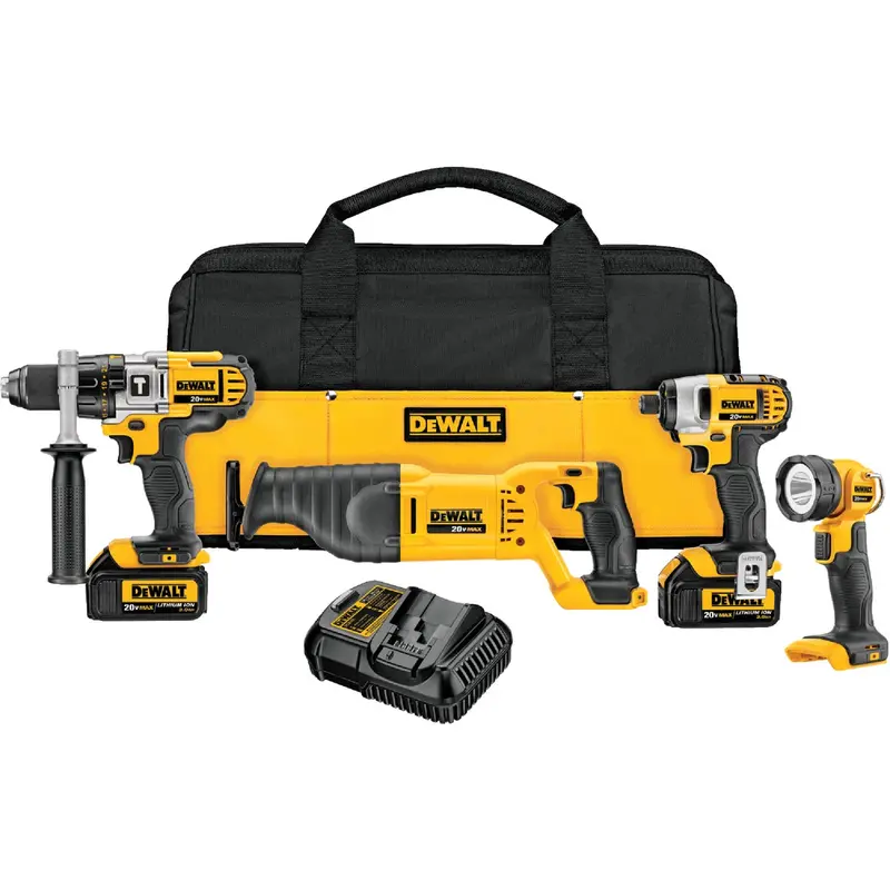 Dewalt 20V Max Xr Cordless 4-Tool Combo Kit: Hammer Drill, Impact Driver, Reciprocating Saw & Led Work Light 1