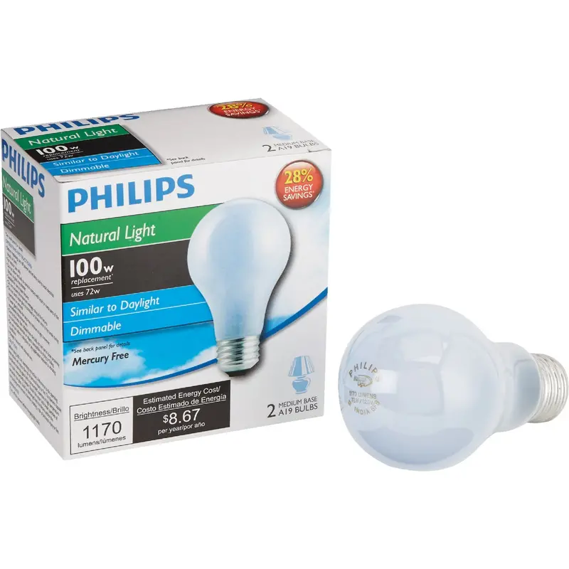 Philips 100W Equivalent Natural Light A19 Halogen Bulbs – 2-Pack 1