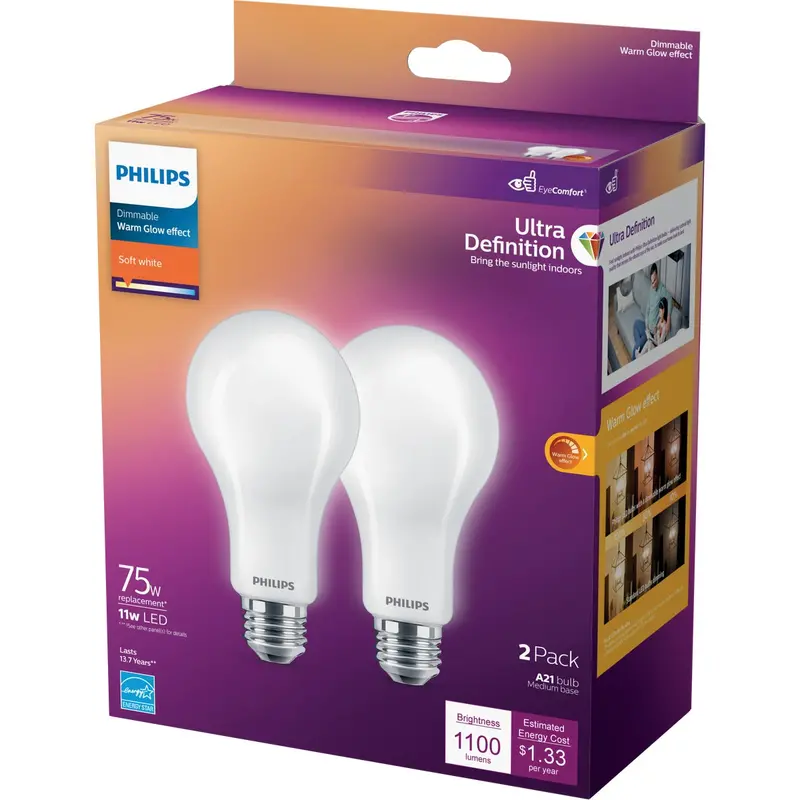 Philips Ultra Definition Warm Glow A21 Led Bulb – 75W Equivalent, Soft White, 2-Pack 1
