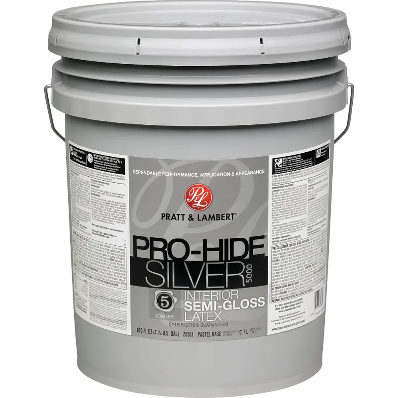 Pratt & Lambert Pro-Hide Silver 5000 Interior Paint – 5 Gal Semi-Gloss Latex, Pastel Base 1