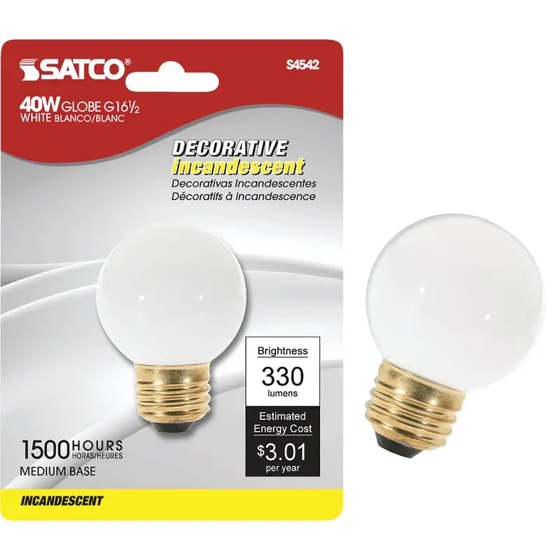 Satco Frosted G16.5 Globe Bulb – 40W Incandescent, Medium Base 1