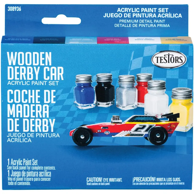 Testors Wooden Derby Car Paint Set – 6-Color Acrylic Kit (Blue, Black, Silver, Red, White, Yellow) 1